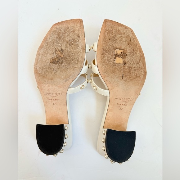 Jimmy Choo White/ Latte Leather Hazal Pearl Cage Slide Sandal 45mm 37 - Picture 7 of 10